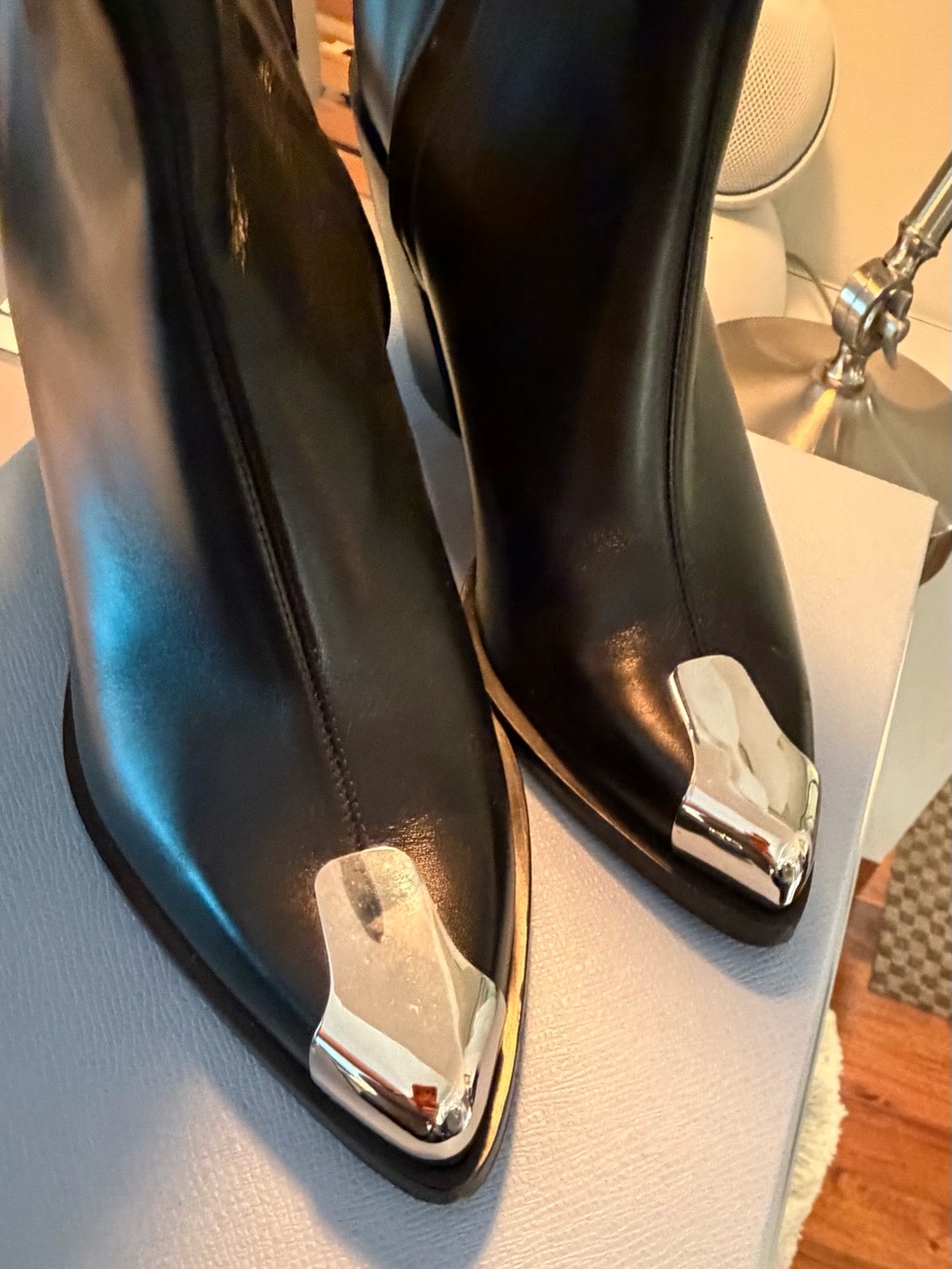 Alexander McQueen Black Leather Pointed Ankle Boots with Silver Metal Toe Caps